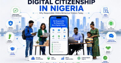 Digital Citizenship in Nigeria illustration showing responsible online behaviour, digital literacy and safe technology use among Nigerian internet users.