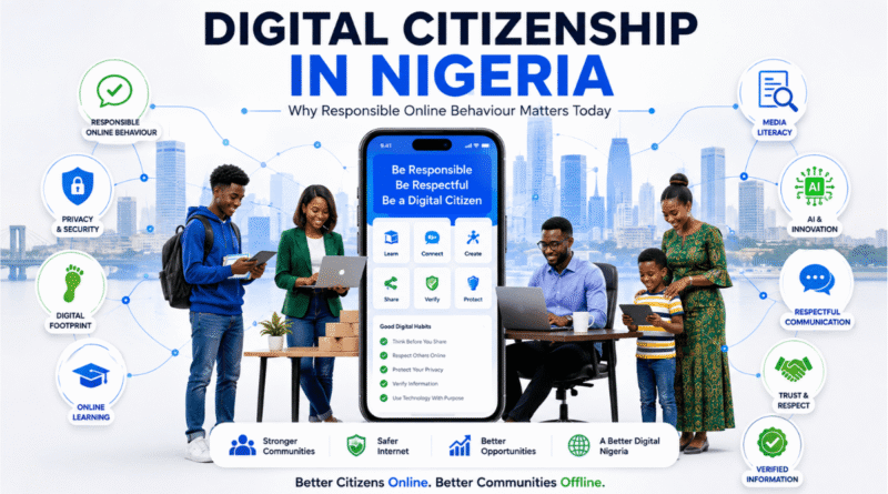 Digital Citizenship in Nigeria illustration showing responsible online behaviour, digital literacy and safe technology use among Nigerian internet users.