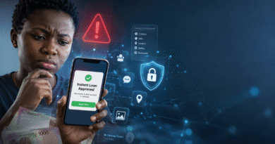Fake loan apps in Nigeria warning signs and online borrowing safety displayed on a smartphone with digital privacy and cybersecurity symbols