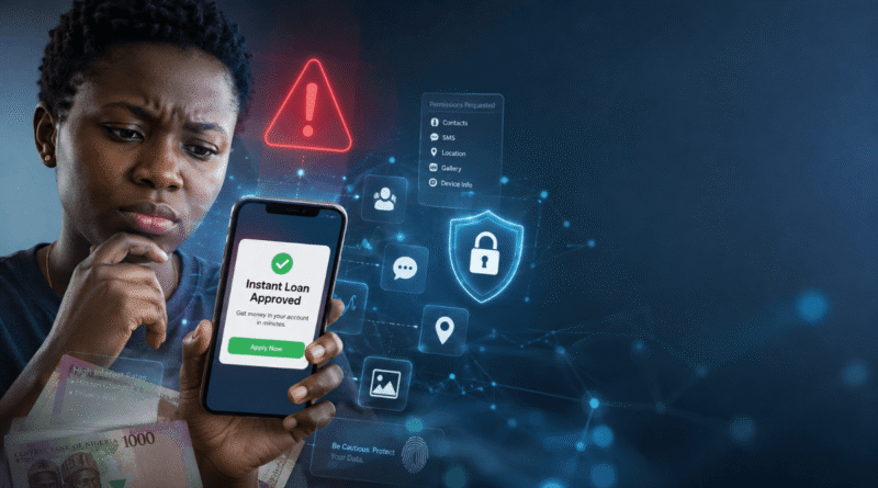 Fake loan apps in Nigeria warning signs and online borrowing safety displayed on a smartphone with digital privacy and cybersecurity symbols